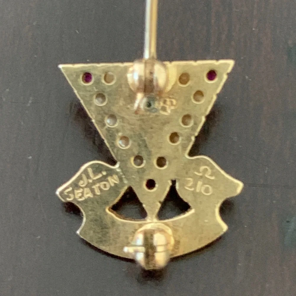 Vintage TKE 14kt Skull & Crossbones Sweetheart Pin with Ruby and Pearl Accents
